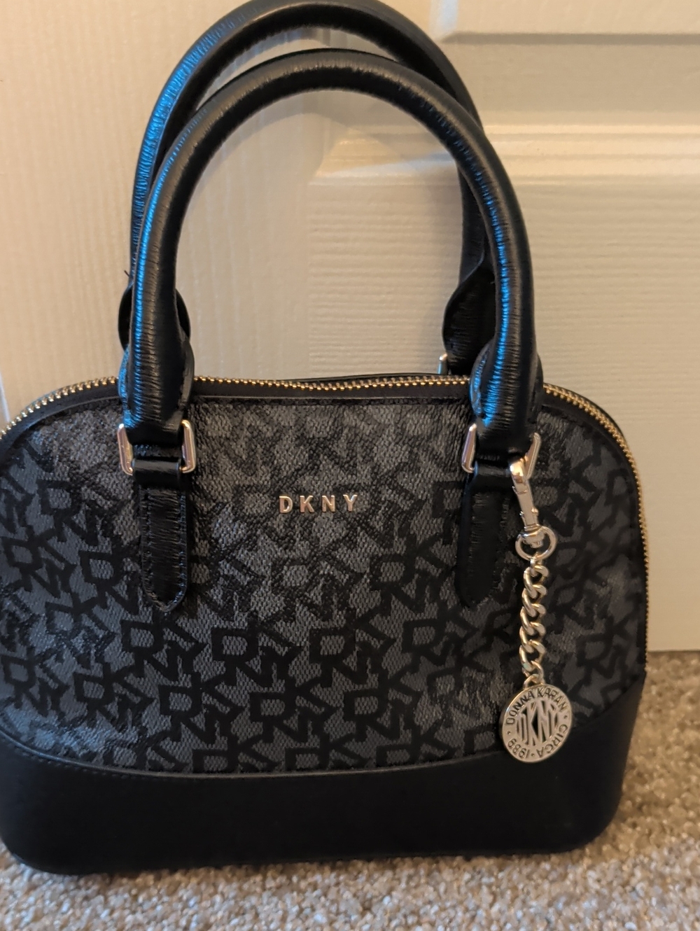 Dkny Black and Gray Monogram Dome Satchel